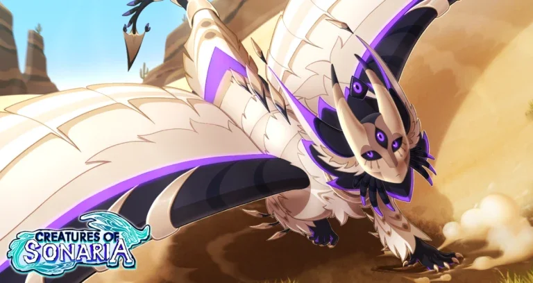 A purple and gold winged creature standing in a desert canyon in Creatures of Sonaria