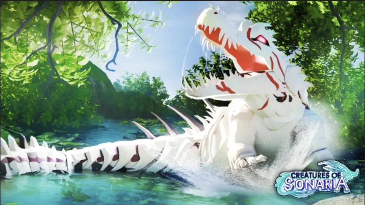 A huge white creature with red markings wading through a forest lake in Creatures of Sonaria