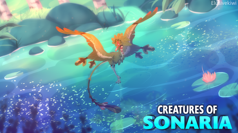 A creature flying above a sparkling lake in official Creatures of Sonaria art