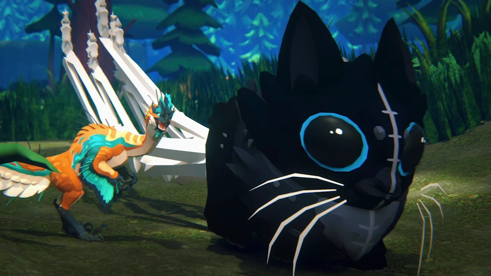 An orange feathered creature and a black Felifaux facing off in a forest